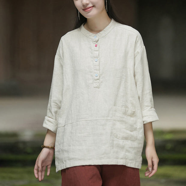 Buddha Stones Solid Color Long Sleeve Ramie Linen Half Button Women's Shirt Women's Shirts BS Beige US4-8/10，UK/AU8-12/14，EU36-40/42 (F)