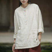 Buddha Stones Solid Color Long Sleeve Ramie Linen Half Button Women's Shirt Women's Shirts BS 13