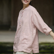 Buddha Stones Solid Color Long Sleeve Ramie Linen Half Button Women's Shirt Women's Shirts BS 4