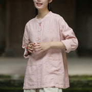 Buddha Stones Solid Color Long Sleeve Ramie Linen Half Button Women's Shirt Women's Shirts BS 8