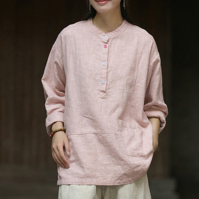 Buddha Stones Solid Color Long Sleeve Ramie Linen Half Button Women's Shirt