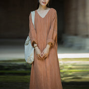 Buddha Stones Solid Color Chinese V-neck Long Sleeve Ramie Linen Midi Dress Midi Dress BS Orange US4-8/10，UK/AU8-12/14，EU36-40/42 (F)