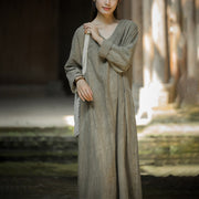 Buddha Stones Solid Color Chinese V-neck Long Sleeve Ramie Linen Midi Dress Midi Dress BS 18