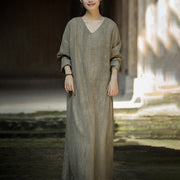 Buddha Stones Solid Color Chinese V-neck Long Sleeve Ramie Linen Midi Dress Midi Dress BS DarkKhaki US4-8/10，UK/AU8-12/14，EU36-40/42 (F)