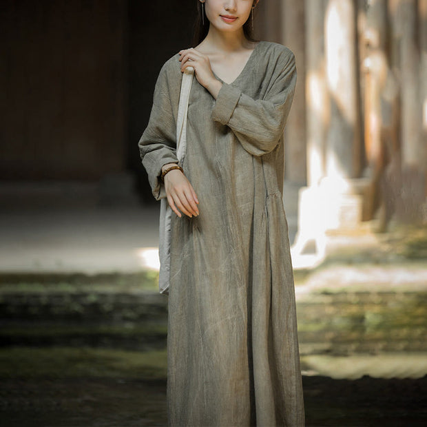 Buddha Stones Solid Color Chinese Long Sleeve Ramie Linen Midi Dress