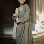 Buddha Stones Solid Color Chinese V-neck Long Sleeve Ramie Linen Midi Dress Midi Dress BS 20