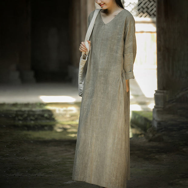 Buddha Stones Solid Color Chinese V-neck Long Sleeve Ramie Linen Midi Dress Midi Dress BS 19