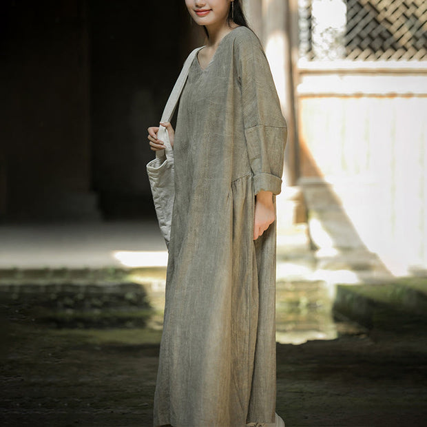 Buddha Stones Solid Color Chinese V-neck Long Sleeve Ramie Linen Midi Dress Midi Dress BS 17