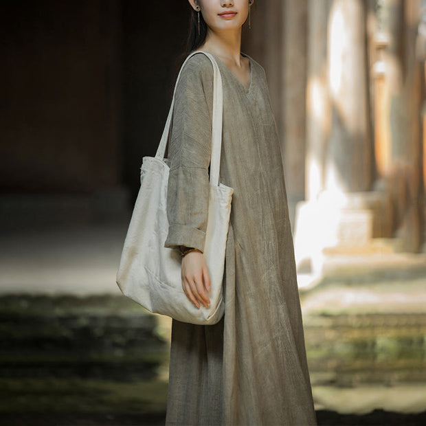 Buddha Stones Solid Color Chinese V-neck Long Sleeve Ramie Linen Midi Dress Midi Dress BS 21