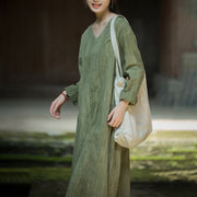 Buddha Stones Solid Color Chinese V-neck Long Sleeve Ramie Linen Midi Dress Midi Dress BS 7