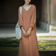 Buddha Stones Solid Color Chinese V-neck Long Sleeve Ramie Linen Midi Dress Midi Dress BS 25