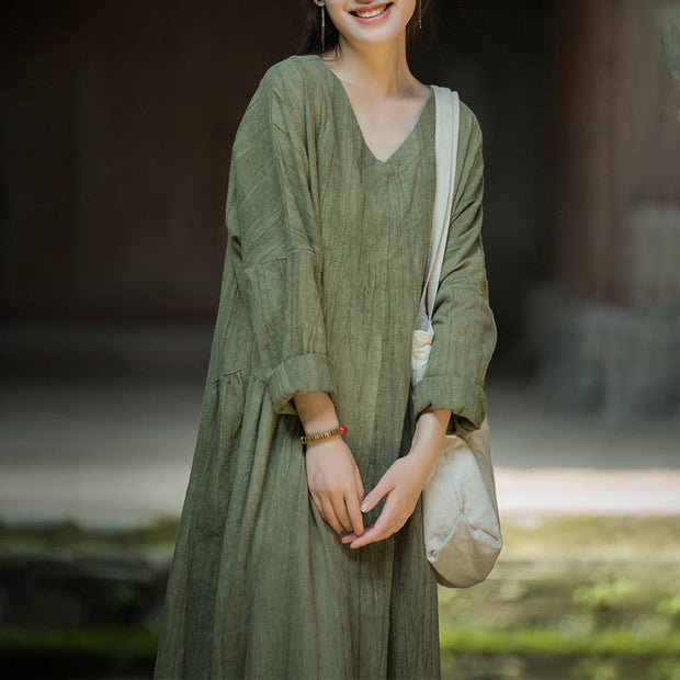 Buddha Stones Solid Color Chinese V-neck Long Sleeve Ramie Linen Midi Dress Midi Dress BS 8