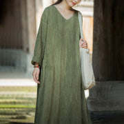 Buddha Stones Solid Color Chinese V-neck Long Sleeve Ramie Linen Midi Dress Midi Dress BS 6