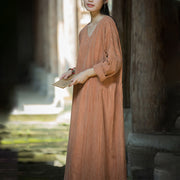 Buddha Stones Solid Color Chinese V-neck Long Sleeve Ramie Linen Midi Dress Midi Dress BS 26