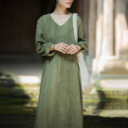 Buddha Stones Solid Color Chinese Long Sleeve Ramie Linen Midi Dress