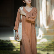 Buddha Stones Solid Color Chinese V-neck Long Sleeve Ramie Linen Midi Dress