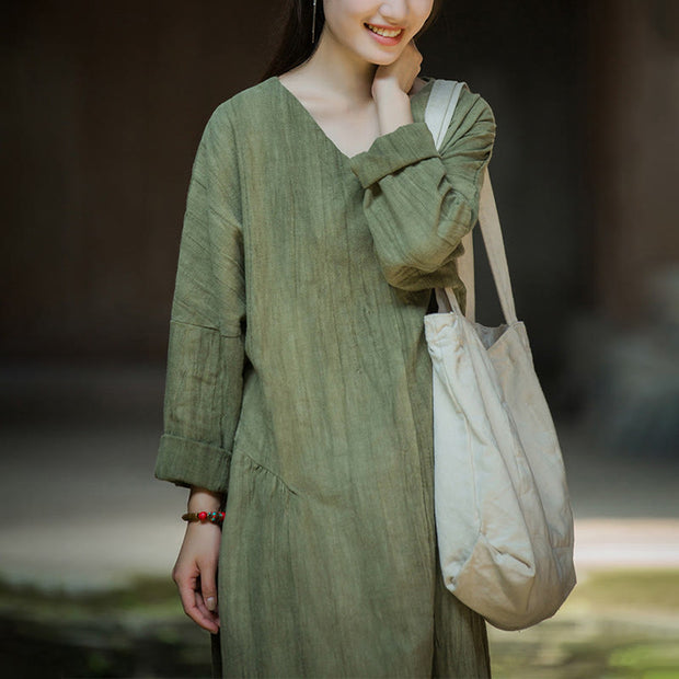 Buddha Stones Solid Color Chinese V-neck Long Sleeve Ramie Linen Midi Dress Midi Dress BS 10