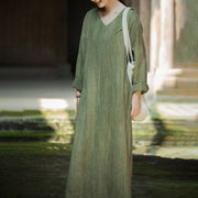 Buddha Stones Solid Color Chinese V-neck Long Sleeve Ramie Linen Midi Dress