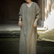 Buddha Stones Solid Color Chinese V-neck Long Sleeve Ramie Linen Midi Dress Midi Dress BS 15