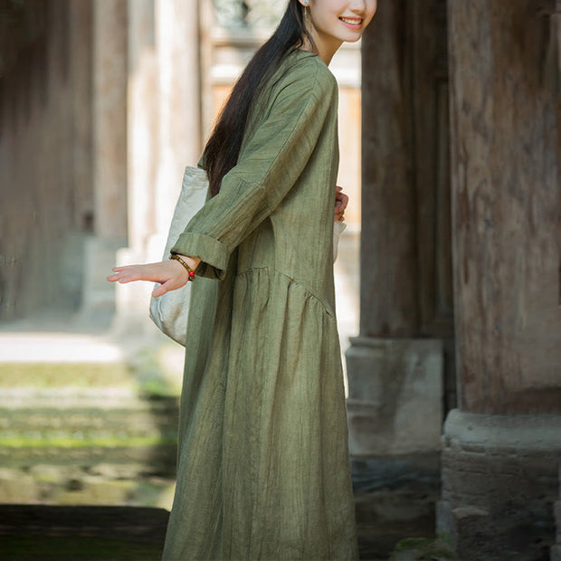 Buddha Stones Solid Color Chinese V-neck Long Sleeve Ramie Linen Midi Dress Midi Dress BS 9