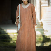 Buddha Stones Solid Color Chinese V-neck Long Sleeve Ramie Linen Midi Dress