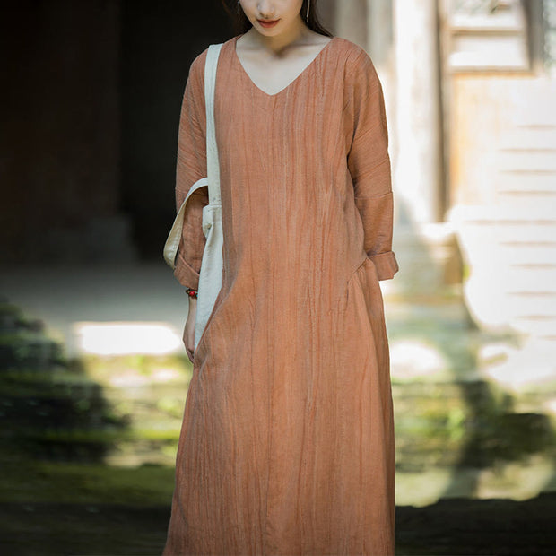 Buddha Stones Solid Color Chinese V-neck Long Sleeve Ramie Linen Midi Dress Midi Dress BS 28