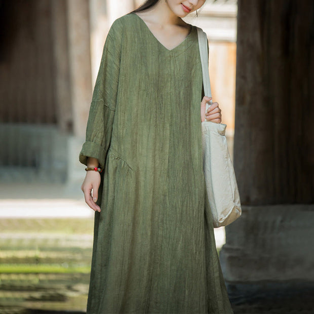 Buddha Stones Solid Color Chinese Long Sleeve Ramie Linen Midi Dress