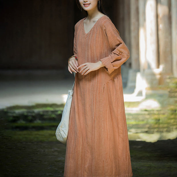 Buddha Stones Solid Color Chinese V-neck Long Sleeve Ramie Linen Midi Dress Midi Dress BS 24