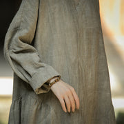 Buddha Stones Solid Color Chinese V-neck Long Sleeve Ramie Linen Midi Dress Midi Dress BS 22