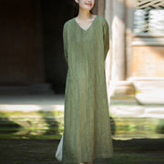 Buddha Stones Solid Color Chinese V-neck Long Sleeve Ramie Linen Midi Dress Midi Dress BS OliveDrab US4-8/10，UK/AU8-12/14，EU36-40/42 (F)