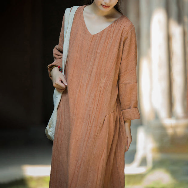 Buddha Stones Solid Color Chinese V-neck Long Sleeve Ramie Linen Midi Dress Midi Dress BS 30