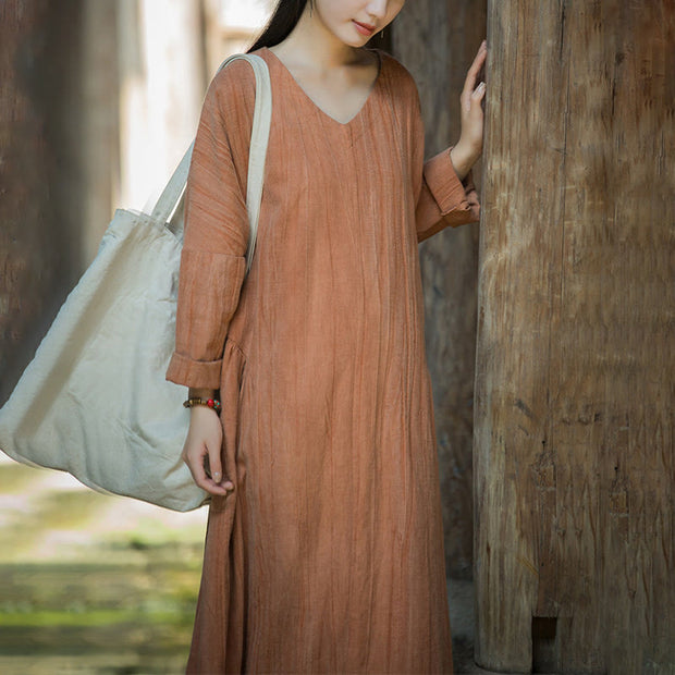 Buddha Stones Solid Color Chinese Long Sleeve Ramie Linen Midi Dress