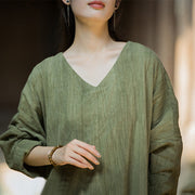 Buddha Stones Solid Color Chinese V-neck Long Sleeve Ramie Linen Midi Dress Midi Dress BS 12