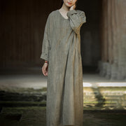 Buddha Stones Solid Color Chinese V-neck Long Sleeve Ramie Linen Midi Dress Midi Dress BS 14