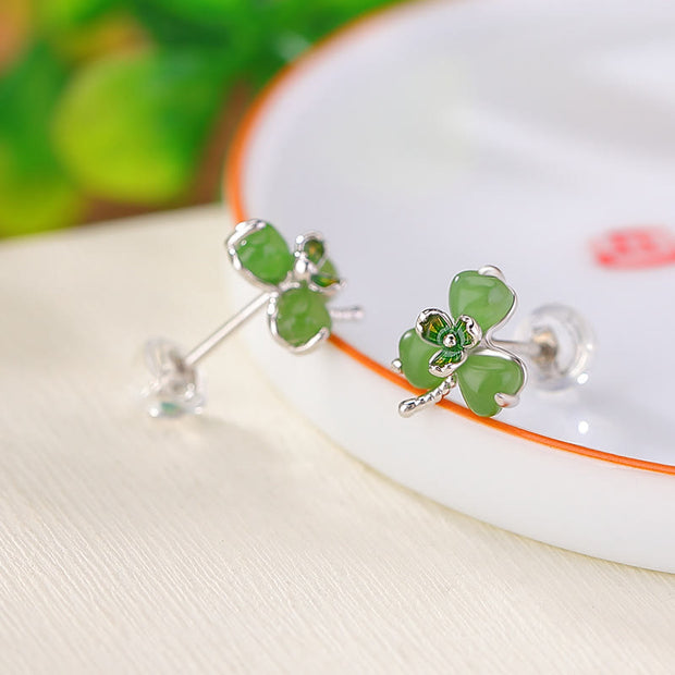 Buddha Stones 925 Sterling Silver Enamel Hetian Jade Shamrock Luck Earrings Earrings BS 2