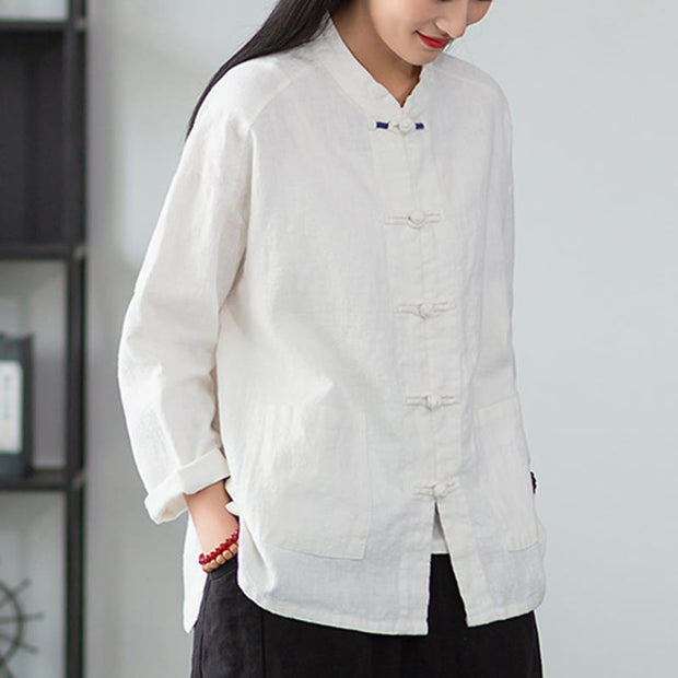 Buddha Stones Solid Color Frog-button Long Sleeve Linen Women's Shirts With Pockets