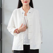 Buddha Stones Solid Color Frog-button Long Sleeve Linen Women's Shirts With Pockets