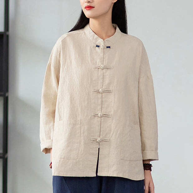 Buddha Stones Solid Color Frog-button Long Sleeve Linen Women's Shirts With Pockets