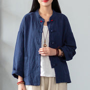 Buddha Stones Solid Color Frog-button Long Sleeve Linen Women's Shirts With Pockets