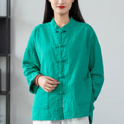 Buddha Stones Solid Color Frog-button Long Sleeve Linen Women's Shirts With Pockets