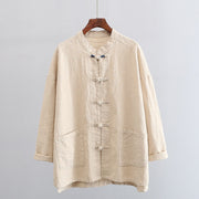 Buddha Stones Solid Color Frog-button Long Sleeve Linen Women's Shirts