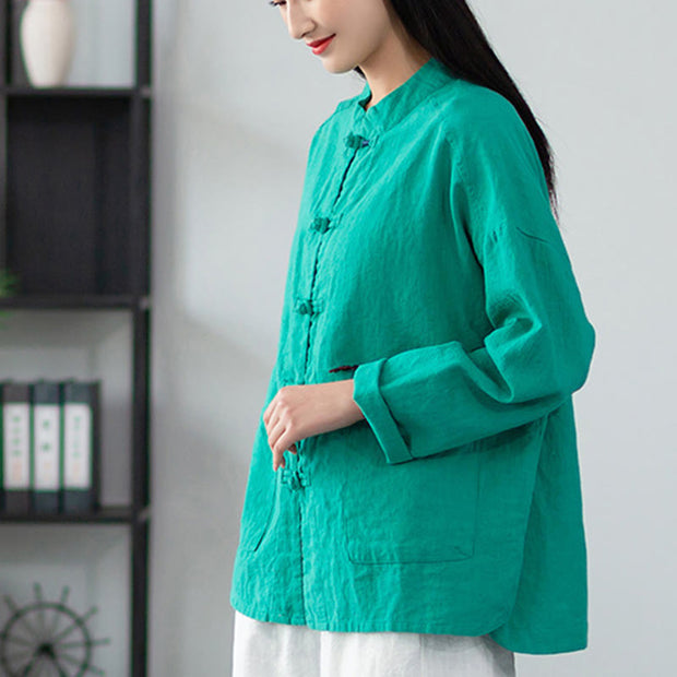 Buddha Stones Solid Color Frog-button Long Sleeve Linen Women's Shirts With Pockets