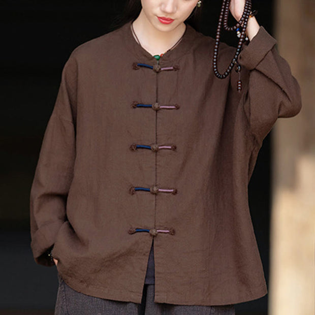 Buddha Stones Solid Color Frog-button Long Sleeve Ramie Linen Women's Shirt