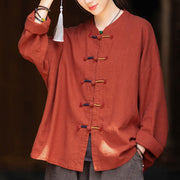 Buddha Stones Solid Color Two-color Frog-button Long Sleeve Ramie Linen Women's Shirt Women's Shirts BS 22