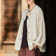 Buddha Stones Solid Color Frog-button Long Sleeve Ramie Linen Women's Shirt