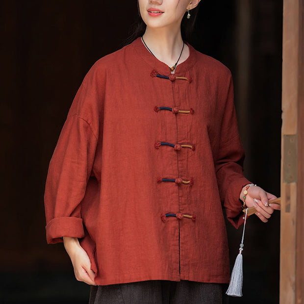 Buddha Stones Solid Color Two-color Frog-button Long Sleeve Ramie Linen Women's Shirt Women's Shirts BS 23