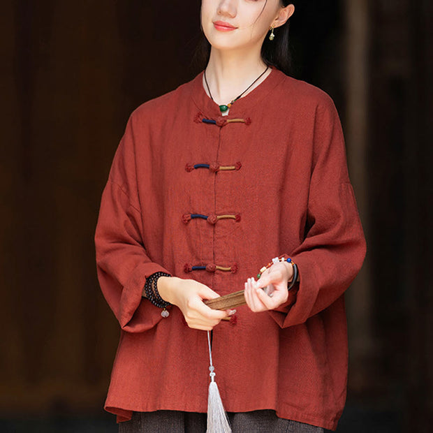 Buddha Stones Solid Color Frog-button Long Sleeve Ramie Linen Women's Shirt