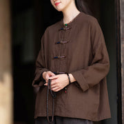 Buddha Stones Solid Color Two-color Frog-button Long Sleeve Ramie Linen Women's Shirt Women's Shirts BS 14