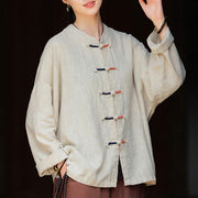 Buddha Stones Solid Color Two-color Frog-button Long Sleeve Ramie Linen Women's Shirt Women's Shirts BS 3