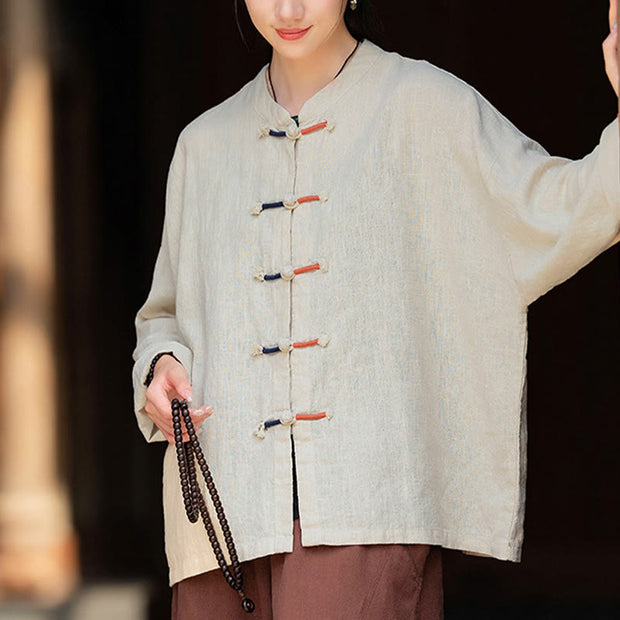 Buddha Stones Solid Color Two-color Frog-button Long Sleeve Ramie Linen Women's Shirt Women's Shirts BS 6